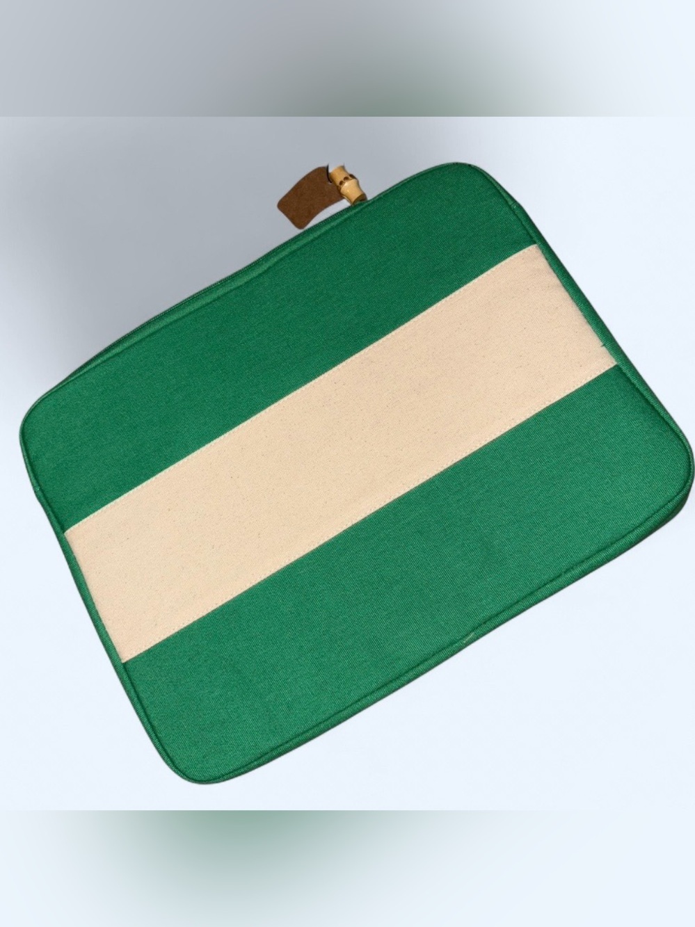 NWT Boutique Green & Cream Canvas Laptop Sleeve / Computer Case